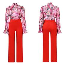 Nuevo 2026 Conjunto Dos Piezas Mujer Estilo Europeo Americano Otoño Invierno Talla Grande Camisa Estampada Manga Larga Pantalón Pierna Ancha Casual Holgado - Top rosa + pantalones naranjas - Ver 4