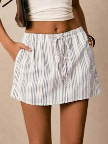 Pantalones Culotte Casuales Holgados para Mujer con Cordón Ajustable en la Cintura y Bolsillos a Rayas - Blanco - Ver 1