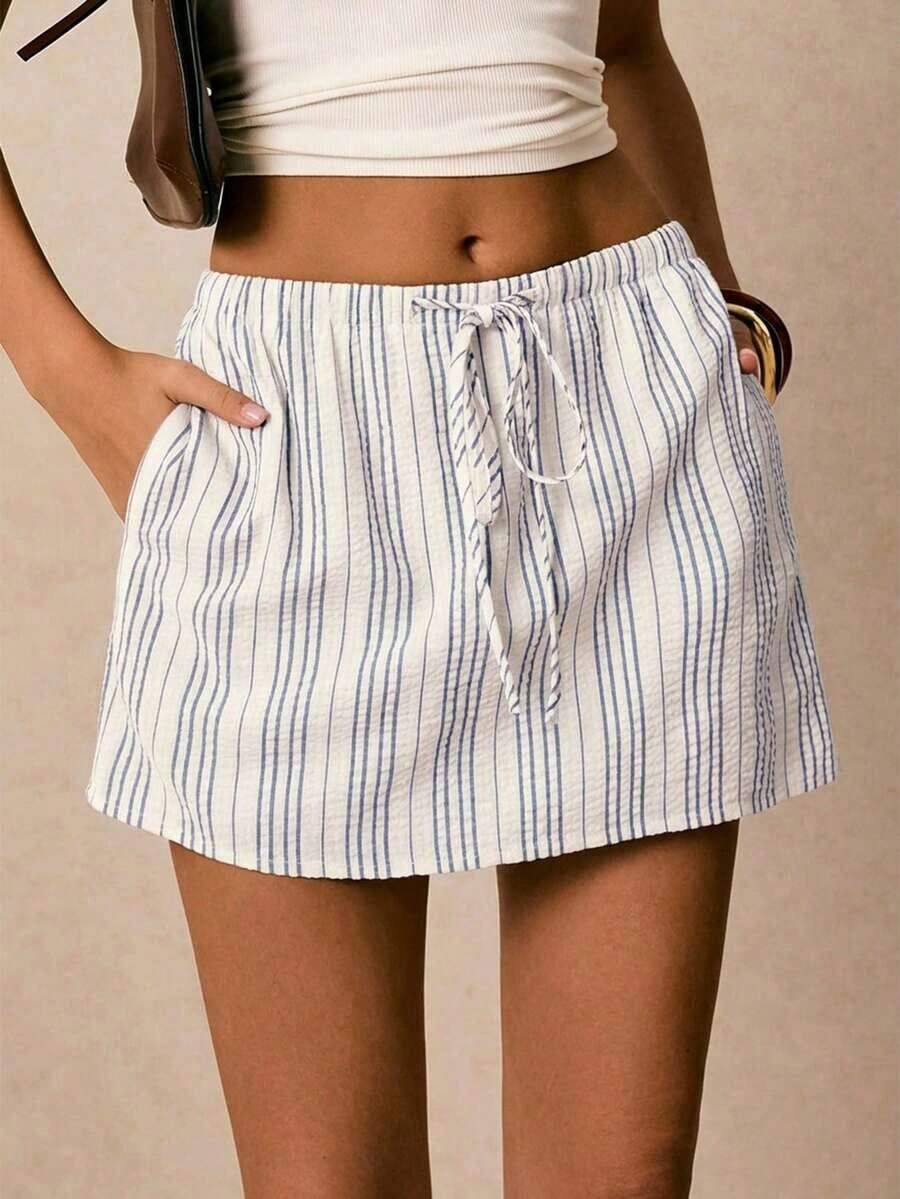 Pantalones Culotte Casuales Holgados para Mujer con Cordón Ajustable en la Cintura y Bolsillos a Rayas - Blanco - Ver 1