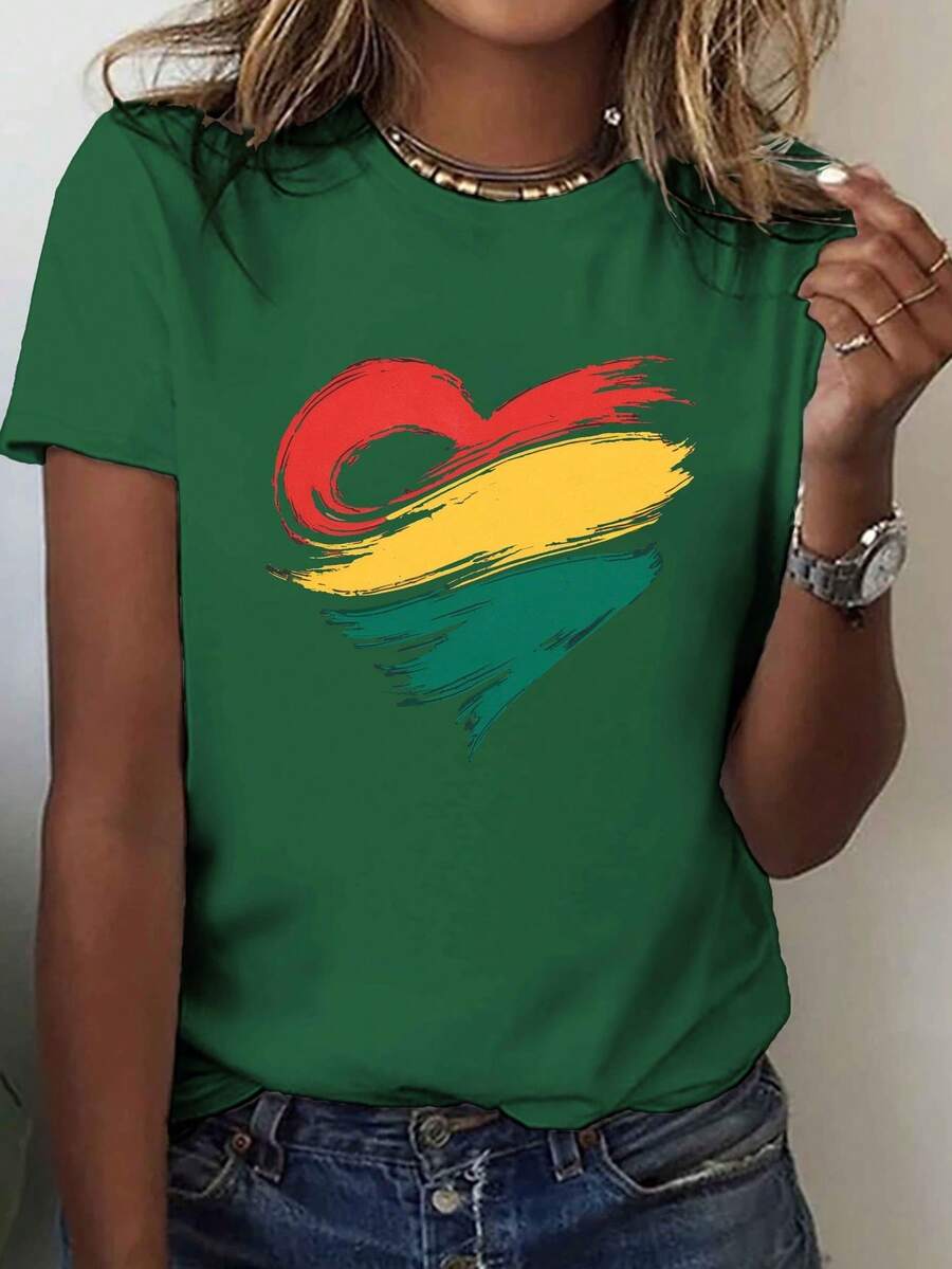 Camiseta ligera y transpirable de algodón, edición limitada, con estampado estilizado de pinceladas en forma de corazón, de manga corta y cuello redondo, estilo casual para primavera y verano, para mujer, de algodón ligero. - Verde - Ver 1