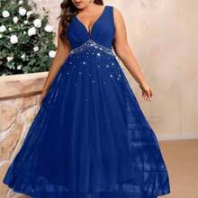 Cravure Plus Size Women's Solid Color Beaded Simple And Elegant Everyday Mesh Dress Maxi Women Outfit Wedding - azul real - Ver 1