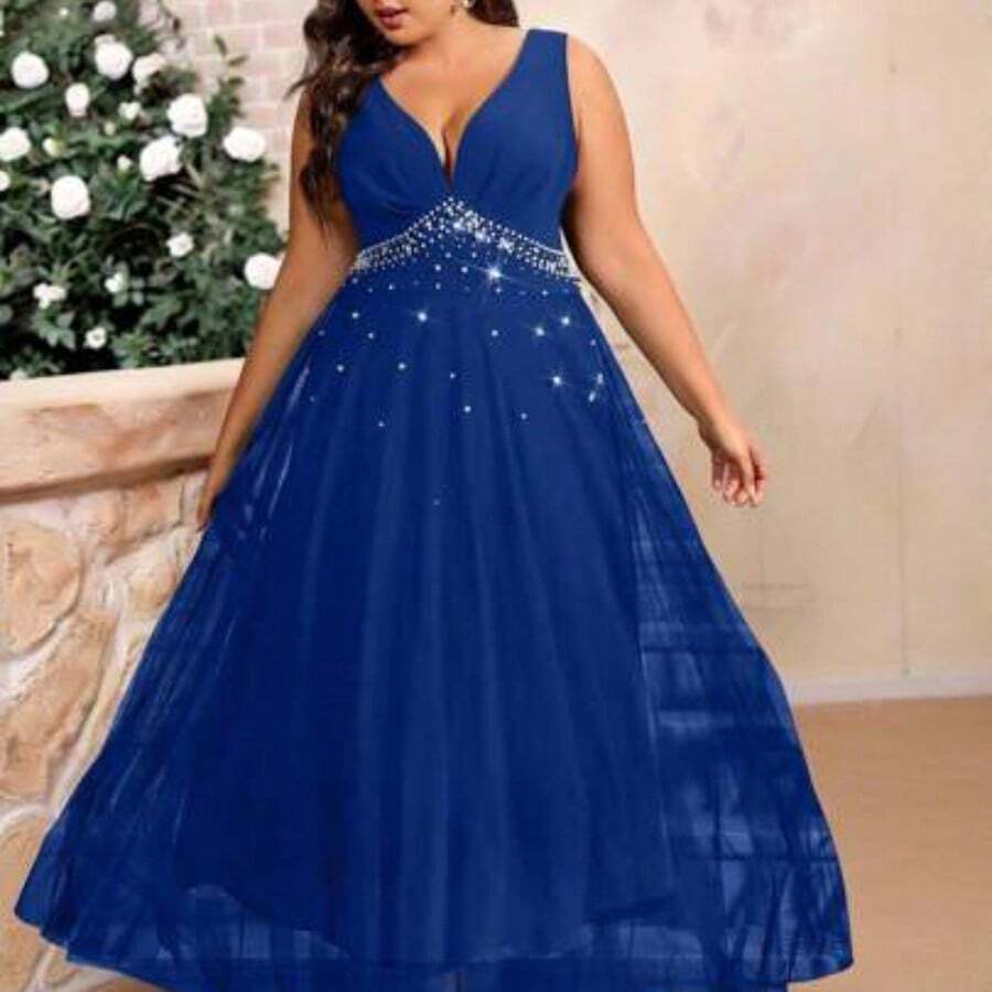 Cravure Plus Size Women's Solid Color Beaded Simple And Elegant Everyday Mesh Dress Maxi Women Outfit Wedding - azul real - Ver 1