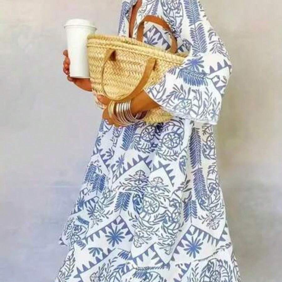 Women's Casual Resort Full Print Flare Sleeve Dress Elegant Spring - Multicolor - Ver 1