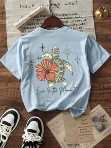 Women's Summer T-Shirt, Turtle, Floral And Letter Print, Round Neck, Casual, Loose Fit, For Beach Vacation, White Blouses For Women Clothing - 淺藍色 - 查看 4