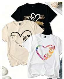 Nueva camiseta de mujer Prenda individual, no un conjunto de 3 piezas, 1 piezas/set de camisetas de manga suitable for streetwear, Top oversized cuello redondo daily outings, camping, concerts, hip-hop, rock, and rap events, de manga corta con cuello redondo, 100% algodón, holgada, de estilo casual y versátil con estampado moderno, ideal como prenda básica. - Negro - Ver 1