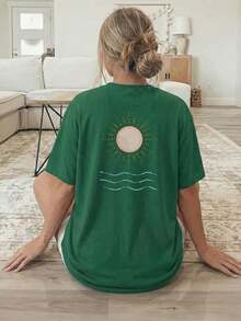 [Double-Sided Print] Women's Spring/Summer Loose Casual Clothing, Short-Sleeve Crew Neck T-Shirt, Sun And Wave Print - Vintage Urban Style, Unisex Cotton Loose Short-Sleeve Crew Neck T-Shirt - 綠色 - 查看 2