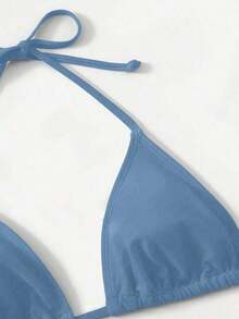 Women's Simple Solid Color Swim Bikini With A Halter Neck And Cutout, Suitable For Beach Vacations And Summer. - Blue Fog 2 - View 4