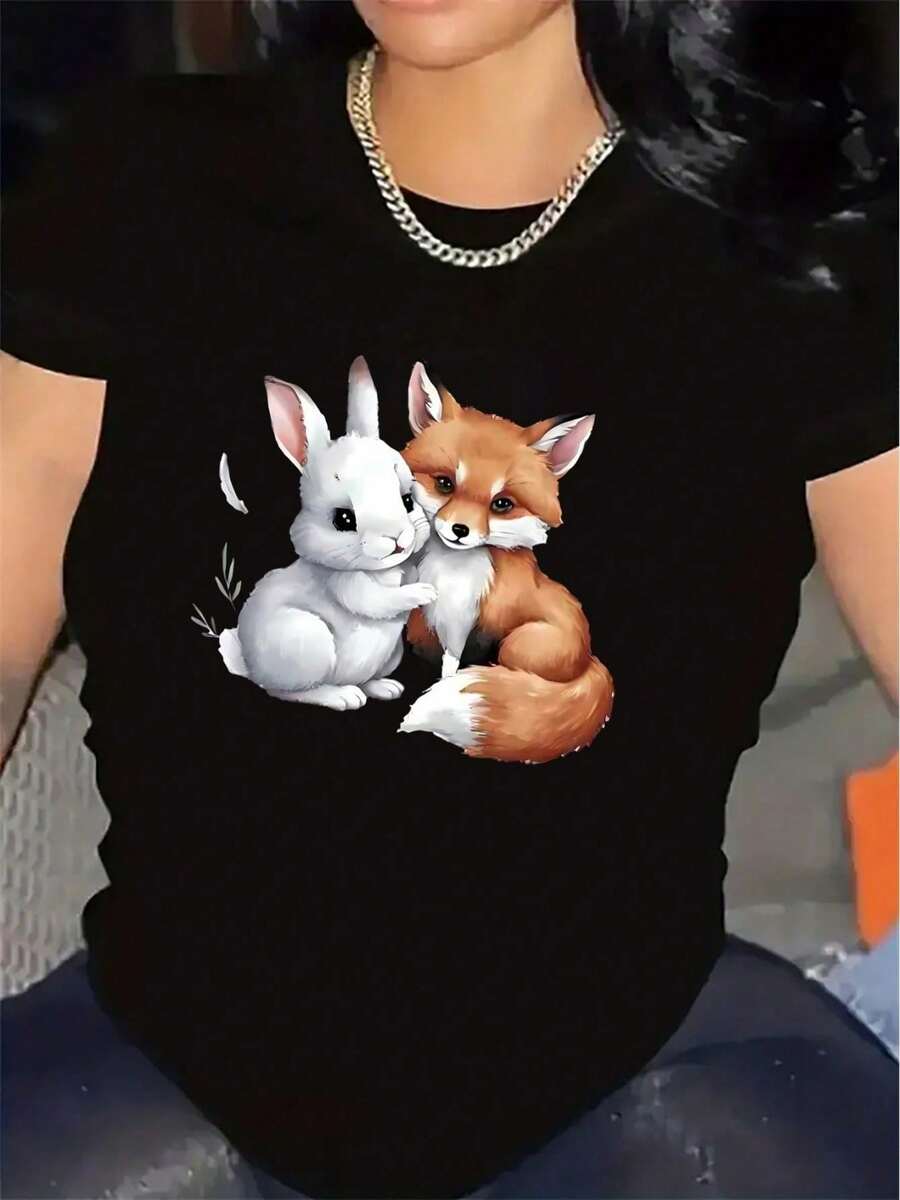 Lightweight And Durable Short-Sleeved T-Shirt With A Rabbit And Fox Design, Ideal For Casual Outings At Home Or Restaurants, Offering A Comfortable Fit For Everyday Wear. - Black - View 1