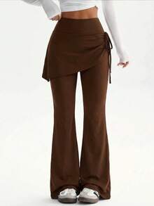 Pantalones deportivos acampanados para mujer, pantalones acampanados de cintura alta con control de abdomen, pantalones acampanados de yoga de unicolor de moda, pantalones largos 2 en 1, con solapa en los glúteos, pantalones de yoga, pantalones de baile, pantalones largos para uso diario en interiores y exteriores y fiestas, ropa casual para mujer - Caqui - Ver 2