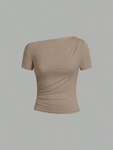 Camiseta de moda ajustada de manga corta con hombros oblicuos de unicolor para mujer - Multicolor - Ver 7