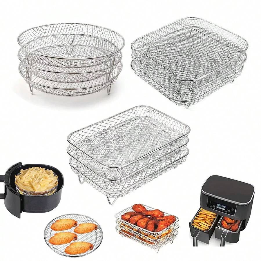 1/3pcs Stainless Steel Air Fryer Rack, Multi-Functional Baking Tray, Stackable Multi-Layer 304 Stainless Steel Silver Multipurpose Dehydrator Rack, Suitable For Air Fryer, Oven, Microwave, Steamer, Reusable - Grilling Net - View 1