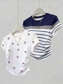 Set de 2 blusas de verano para mujer, camisetas con cintura ceñida, diseño de unicolor, burdeos y negro clásicos, de alta gama, para estudiantes, uso casual diario, adecuado para salir, ir de compras, usar en la oficina - Blanco 2 - Ver 1