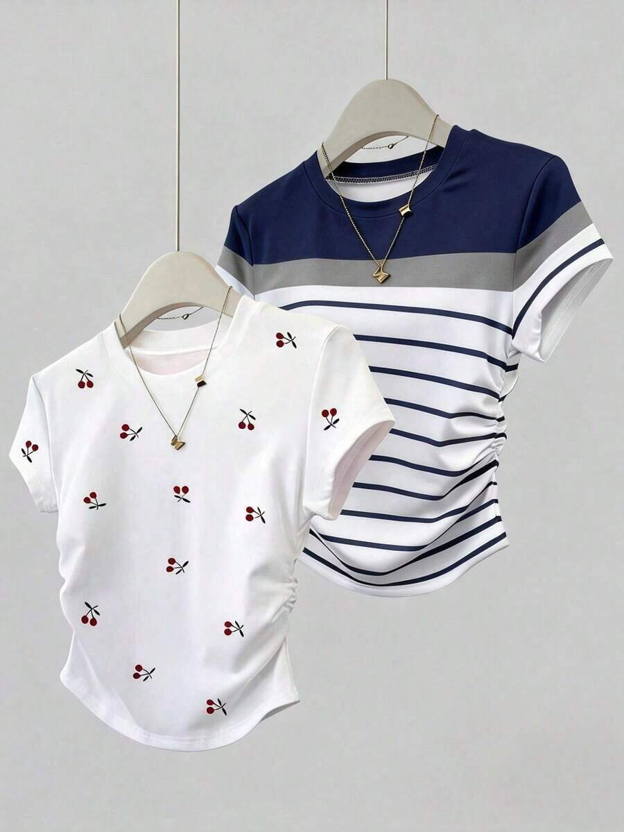 Set de 2 blusas de verano para mujer, camisetas con cintura ceñida, diseño de unicolor, burdeos y negro clásicos, de alta gama, para estudiantes, uso casual diario, adecuado para salir, ir de compras, usar en la oficina - Blanco 2 - Ver 1