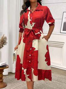 Vestido de mujer tipo camisa de largo maxi con botones frontales, cintura con lazo y estampado floral - Albaricoque - Ver 6