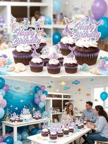 17件套美人鱼蛋糕装饰套装，海洋主题生日快乐甜点装饰签，包含美人鱼、水母、海豚、海马图案，紫色和蓝色纸质装饰，生日和夏季海洋主题派对用品，甜点桌装饰 - 多色 - 查看 6