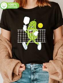 Camiseta Casual de Algodón 100% para Mujer con Estampado Divertido de Pickleball - Manga Corta y Cuello Redondo, Gráfico de Personaje de Dibujos Animados de Pickle, Transpirable y Lavable a Máquina para Verano y Primavera - Negro - Ver 6