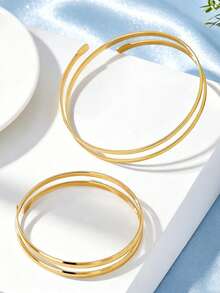 2 piezas Conjunto de brazalete abierto ajustable de doble línea y brazalete de espiral, pulsera de cadena de brazo delgada y minimalista adecuada para vacaciones de verano, fiesta, cadena corporal, decoración de fiesta de baile, regalo para novia - Dorado - Ver 2