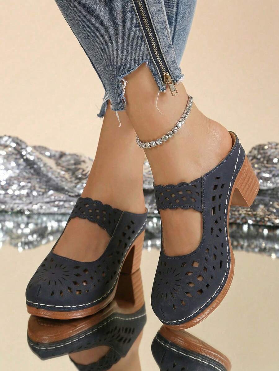 Women's Retro High Heel Sandals, Cut-Out Design, Closed Round Toe, Thick Heel, European-American Summer Back-To-School Shoes - Royal Blue - View 1