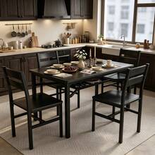 Modern Farmhouse Style 5-Piece Dining Room Table And Chairs Set, Rectangle Small Kitchen Table Set With 4 Chairs And Storage Rack, Particle Board Top And Metal Frame Dinette Set For 4, Space-Saving Design Bar Table Set - Đen/Đen - Xem 4