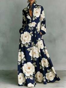Elegant Retro Slimming Long Sleeve Printed Dress Women French Style Vacation Bodycon Midi Dress With Waist CincherDesign EuropeanAndCasual Party Wear - 海軍 - 查看 12