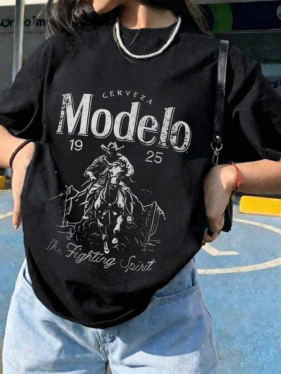 Women's Summer Fashion Short Sleeve T-Shirt Casual Outdoor Fashion T-Shirt 'Western Letters And Elements' Relaxed Print Casual Women's T-Shirt - 黑色 - 查看 1