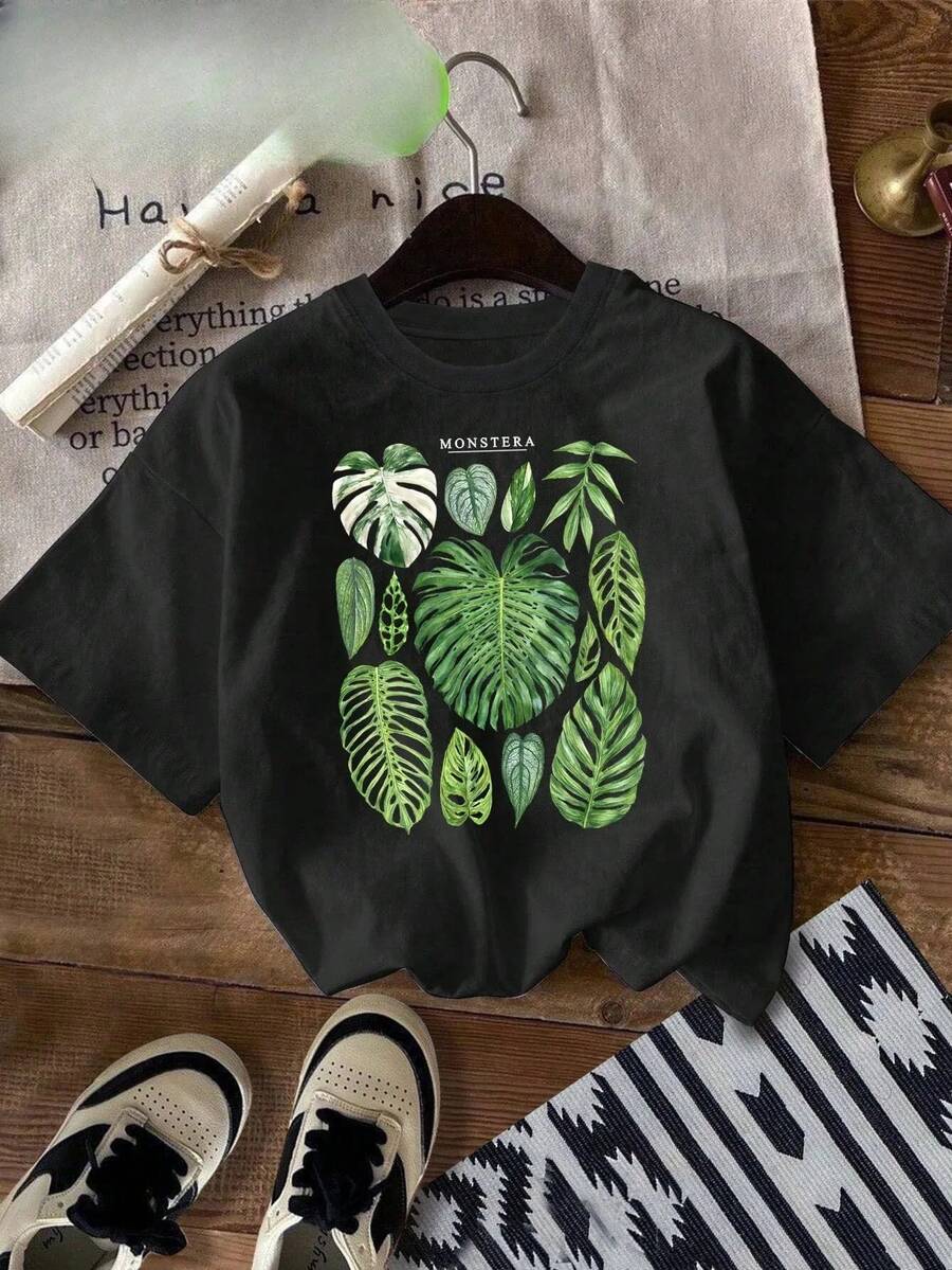 Women's Short-Sleeved T-Shirts, Round Neck, 100% Cotton, Tropical Monstera And Philodendron Leaf Print, Casual T-Shirt For Summer, Ladies' T-Shirts. - 黑色 - 查看 1