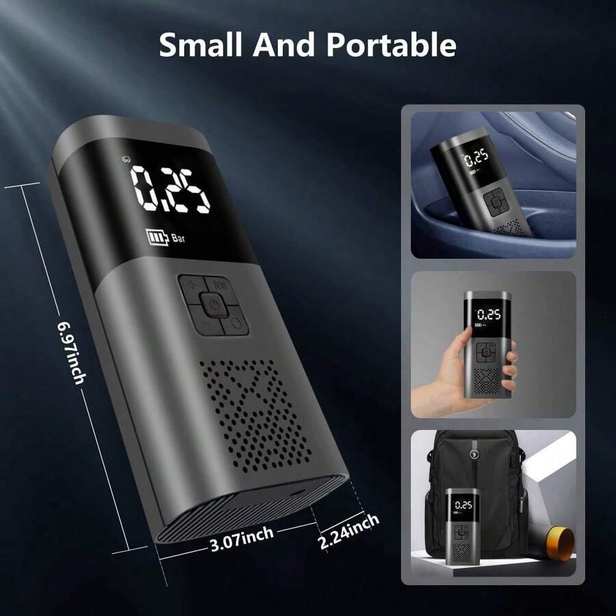 SOKANY Portable Smart Air Pump, 20s Fast Inflation, Digital Pressure Gauge And LED Display, Built-In 3 Lighting Modes, Switchable Pressure Units. Suitable For Car, Bicycle, Motorcycle And Ball. Emergency And Outdoor Air Pump. - Black - View 1