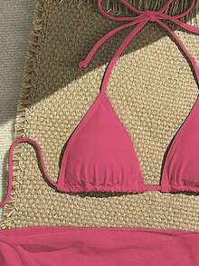 Conjunto de 3 piezas de traje de baño de bikini de unicolor y estilo sexy de halter para mujeres, conjunto de traje de baño, para vacaciones de verano en la playa - Rosado Sandía - Ver 4
