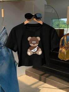 Women's Casual Short-Sleeved T-Shirt With A Cute Cartoon Bear Print, A Simple And Very Sweet Design. Soft And Comfortable Fabric For Everyday Wear, Outings, And Walks. Looks Great Paired With Jeans And Shorts; A , Youthful Style Perfect For Looking Fresh And Pretty All Summer Long. 373R - 黑色 - 查看 5