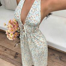 SunnyBelle Women's Ditsy Floral Elegant  Halter V-Neck Backless Dress, Suitable For Spring/Summer Vacation - Multicolor - Ver 6