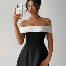Valentine's Day Off Shoulder Black & White Bowknot Dress, Fairycore,Graduation,Graduation Dresses For Women,Back To School Dress,Summer Dress,Elegant Dresses For Party,Weddings & Events,Elegant Ceremony Dresses - Blanco y Negro - Ver 6