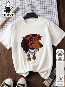 100% Cotton Short-Sleeved T-Shirt With Cowboy Rodeo Graphic Print, Soft Fabric, For Summer, Vacation Outfit, Travel Style, Beach Elegance, Minimalist White For Plus Size Women's Y2K Style Activewear, Round Neck, 100% Cotton, Soft Fabric, Short Sleeve. - 白色 5 - 查看 6