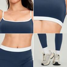 NcmRyu Women's Contrast Color Adjustable Strap Backless Bra And Tight Pants Sports Suit, 1 Set - Blue - View 4