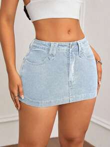 Minifalda de mezclilla ajustada y de tiro bajo lavada, con estilo callejero sexy para el verano - Lavado ligero - Ver 6