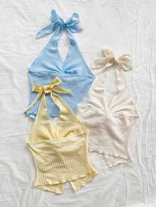 3 piezas Camiseta ajustada con cuello en V, nudo delantero, bajo asimétrico, color amarillo, beige, azul claro, adecuada para vacaciones, citas, té de la tarde, vacaciones, festivales de música, estilo bohemio, verano, playa - Multicolor - Ver 2