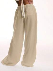 Pantalones de lino con textura, con cintura de corbata, para vacaciones de verano, elegantes, bohemios, casuales, para el aeropuerto, de primavera - Beis - Ver 2