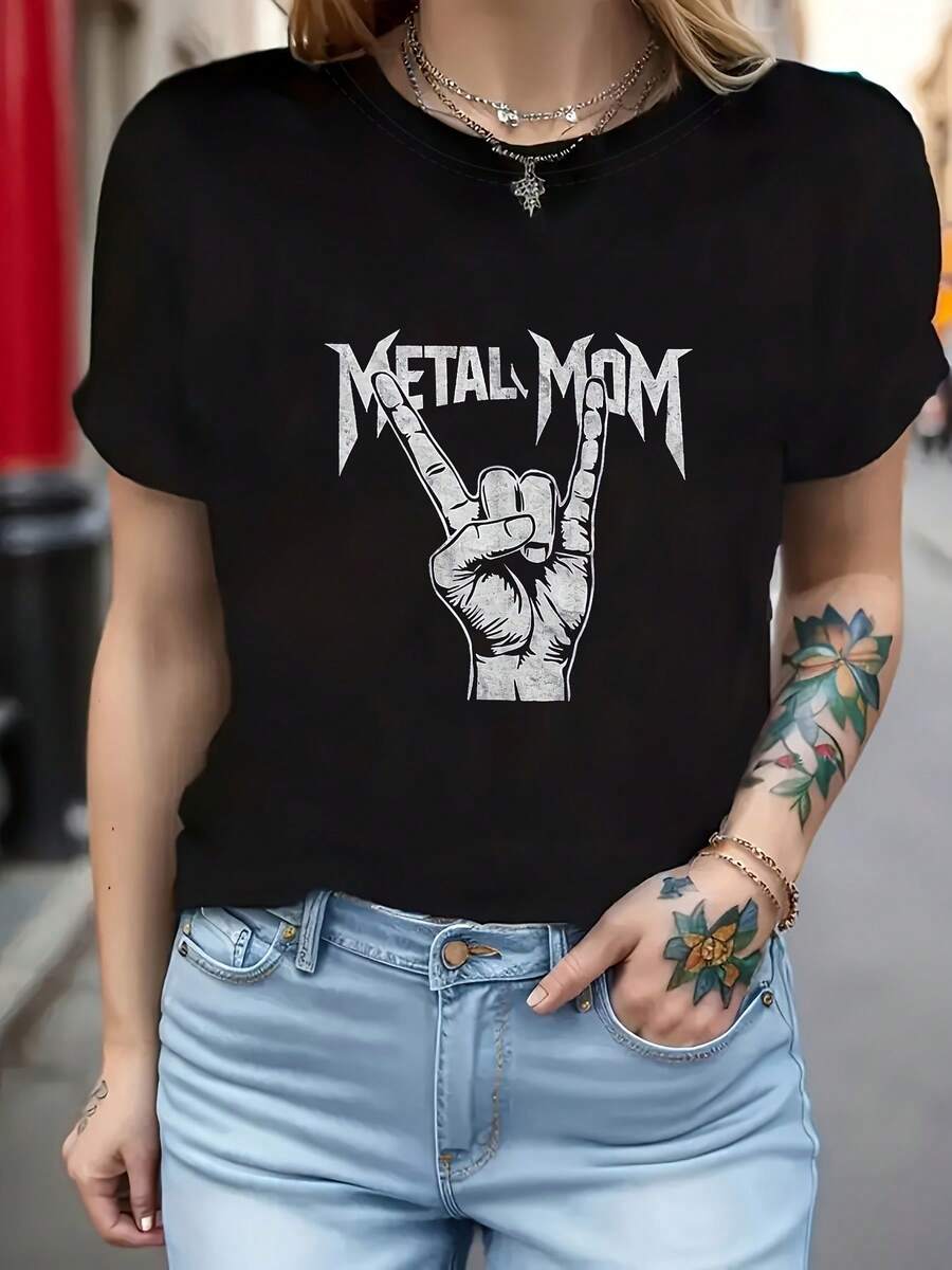 Camiseta para mujer METAL MOM con estampado de gesto de mano con cuernos de estilo 'n' Roll (Letrero de metal) - Camiseta casual de manga corta y cuello redondo, adecuada para verano y primavera, ropa con gestoónico, camiseta cómoda lavable aáquina para conciertos y atuendos diarios - Negro - Ver 1