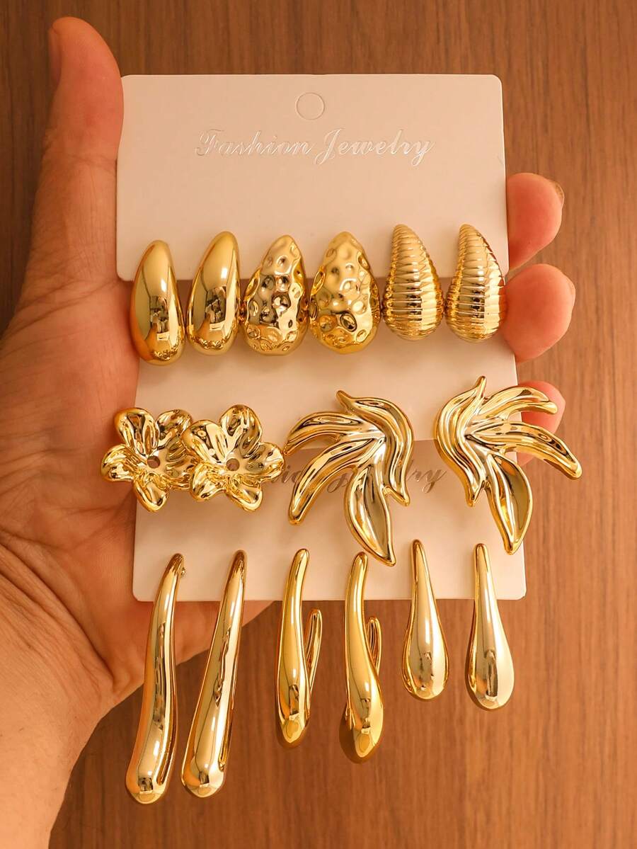 2-16 piezas Pendientes vintage exagerados en tono dorado, estilo único del milenio adecuado para bailes, fiestas, festivales de música, bares - Multicolor - Ver 1