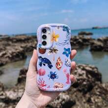 1pc Coconut Shell Blue Turtle Seaweed Ocean Pattern Shell Beach Casual Cute Personalized Minimalist Fresh Coral, Macaron Color Full Coverage Anti-Drop Soft Wave Cream Style, [International Version Not Domestic Version] Compatible With Android/Galaxy/A/S/FE/PLUS/ULTRA/PRO/NOTE/POCO/X/HOT/PLAY/SPARK/POP/SMART/RENO/Honor/E/G/ Phone Case/Cover - Multicolor - View 3
