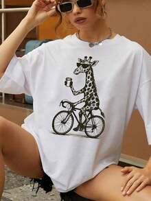 Soft Camiseta gráfica para mujer con una jirafa en bicicleta y estampado de café.Bonita camiseta informal de manga corta con un estampado animal único en algodón suave, perfecta para el día a día y con un toque de fantasía.patrón - Blanco - Ver 1