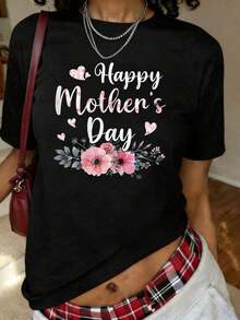Feliz Día de la Madre con Camiseta Estampada Floral para Mamá, Abuela, de Manga Corta y Cuello Redondo, Top Casual para Verano y Primavera, Ropa de Tallas Grandes para Mujer, Transpirable y Cómoda. - Negro - Ver 1