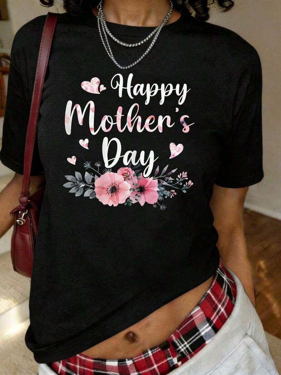 Feliz Día de la Madre con Camiseta Estampada Floral para Mamá, Abuela, de Manga Corta y Cuello Redondo, Top Casual para Verano y Primavera, Ropa de Tallas Grandes para Mujer, Transpirable y Cómoda. - Negro - Ver 1