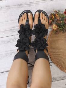 Women's Hollow-Out Floral High-Top Lace-Up Flat Sandals, Solid Color Elegant Resort Fashion Bohemian Casual Sexy PU Leather Hollow-Out Women Flat Sandals, Summer,Flip Flops - Black - View 2