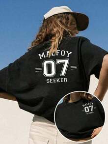 1 pieza, Camiseta estampada de manga corta para mujer, Malfoy, 07, con estampado frontal y trasero, camiseta casual blanca de cuello redondo, elástica, lavable a máquina, adecuada para primavera/verano/otoño. - Negro - Ver 1