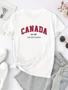 Summer TopviralwomensT-Shirts, Women's Casual Short-Sleeve T-Shirts With CANADA Lettering And Interesting Cartoon Prints, Made Of Blended With Some Elasticity,, Comfortable All-Season Round-Neck Design, Suitable For Daily Wear, Comfortable Clothing, Opaque Material, Loose Fit Summer Outfit For Women, 100% Cotton, A Must-Have For The Festival - White - View 2