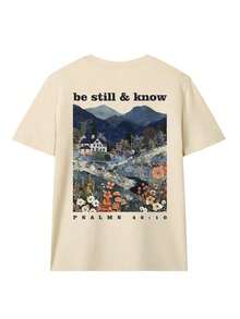 Camiseta Holgada Bohemia Cristiana para Mujer, Camiseta de Moda Transpirable con Cuello Redondo y Estampado de "Tranquilo Sea y Conozca", Paisaje Montañoso en Patchwork y Versículo Bíblico Salmo 46:10, Ropa Urbana Estética Famosa de INS, Ideal para Citas en Cafeterías, Picnics, Viajes y Momentos de Tranquilidad en el Verano Casual. - Albaricoque - Ver 2