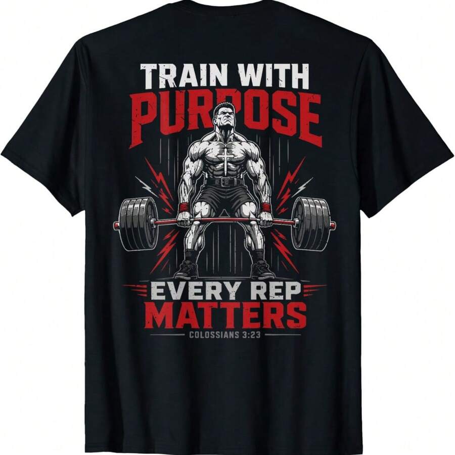 Christian Workout Train With Purpose Bible Verse Gym T-Shirt - Black - View 1