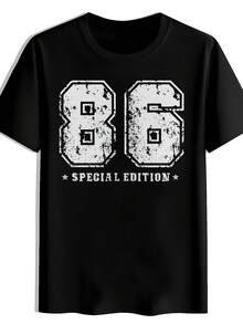 Camiseta de hombre negra con estampado y la inscripción blanca "86 SPECIAL EDITION" - diseño de imitación vintage, cuello redondo, manga corta, camiseta casual de verano, corte regular, adecuada para uso informal, camiseta vintage, blusas para mujer, blusas, tops para mujer, unisex. - Negro - Ver 6