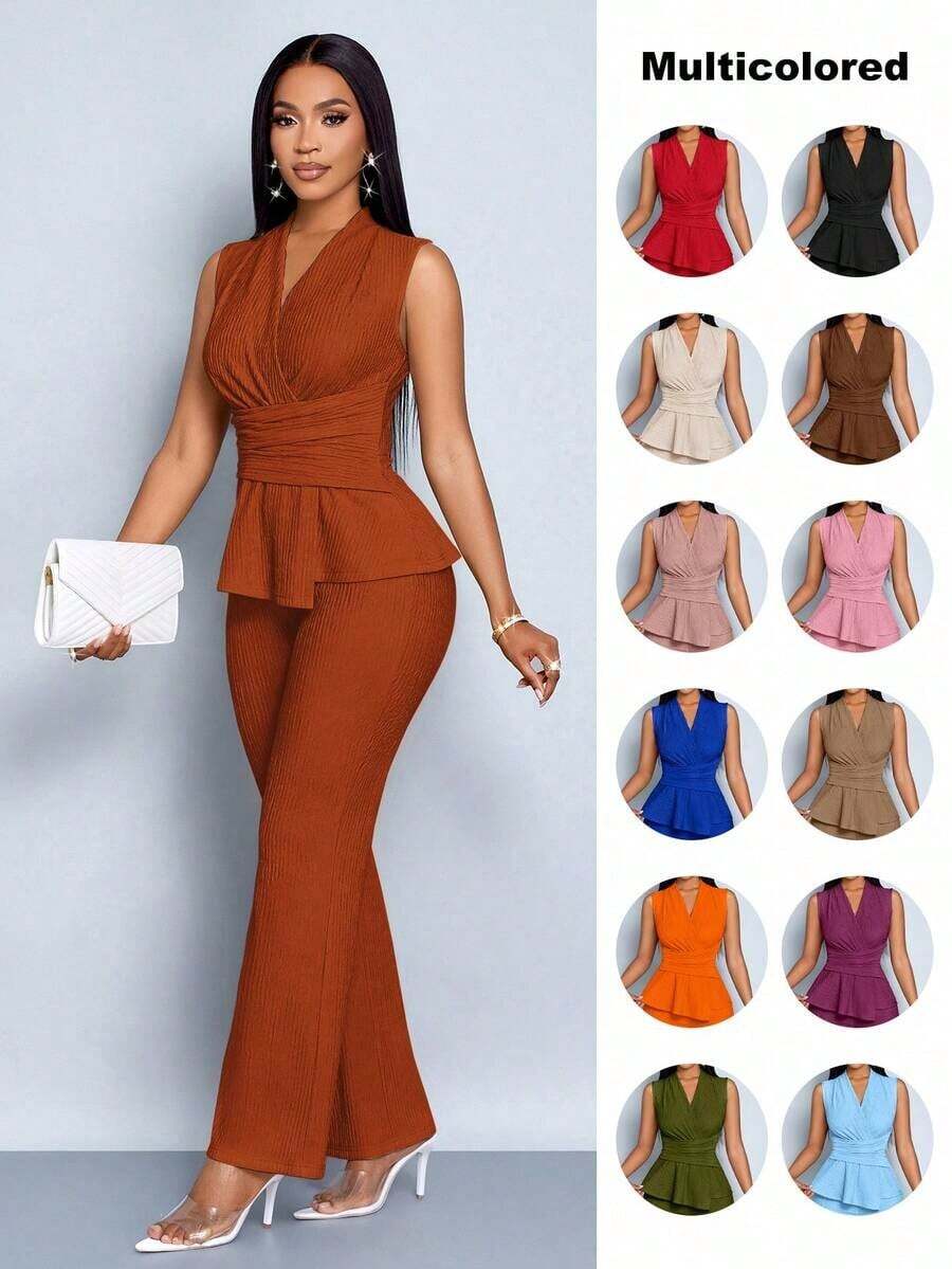 Conjunto de dos piezas de camiseta de manga larga con cuello en V elegante y pantalones de pierna ancha de color albaricoque, con dobladillo asimétrico, para uso diario y casual de mujer en primavera y verano, con opción de manga corta o sin mangas - Marrón - Ver 1