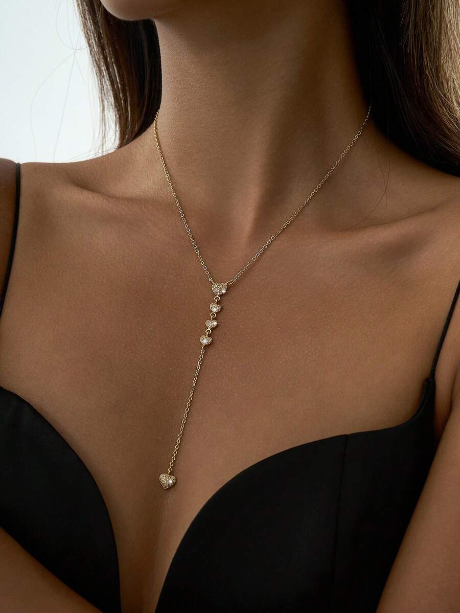 1pc Women's Necklace, Exquisite Copper Inlaid Zirconia Heart-Shaped Tassel Y-Shaped Long Necklace, Suitable For Daily Deep V-Neck Dress, Party Accessories, Gift - Yellow Gold - View 1